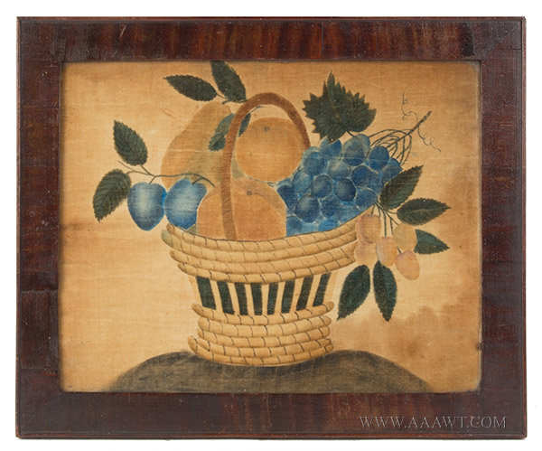 Theorem, Schoolgirl Watercolor on Velvet, Fruits in Basket, New England Folk Art
Found in Vermont Many Years Ago, Circa 1830, entire view